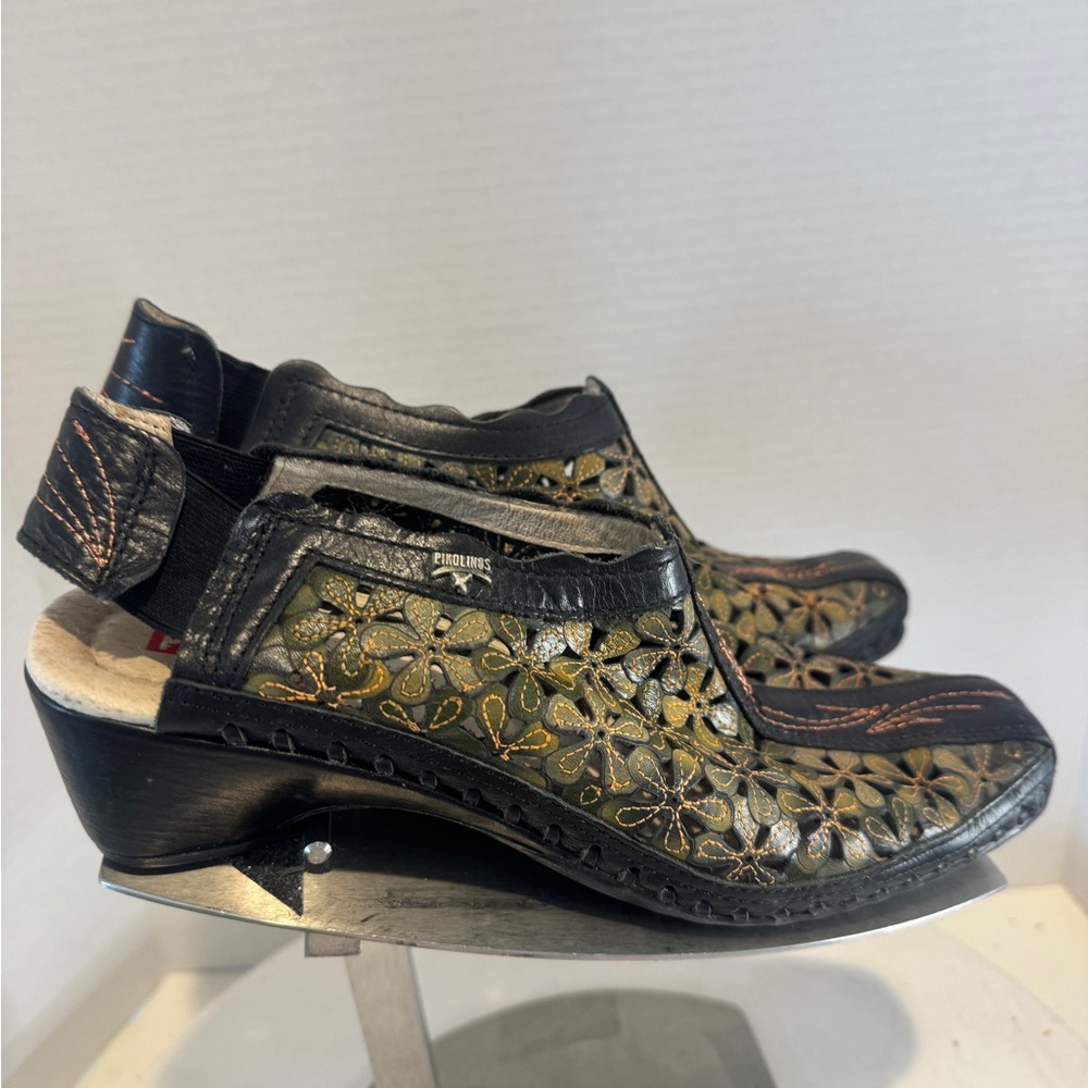 Pikolinos Romana Slingback Leather Floral Black/Green SIZE US 8.5 Made In Spain - Picture 7 of 8